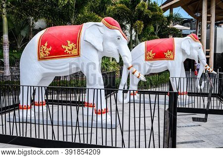 Elephant Statues At The Entrance To Siam Mall. 07.01.2020 Tenerife, Canary Islands.
