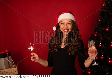 Layout For New Years Corporate Christmas Greetings Or Invitations Copy Space. Beautiful Long-hair Br
