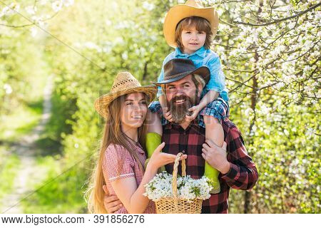 Spring Getaway. Happy Family Enjoy Spring Nature. Spring Break Vacation With Kid. Blooming Trees Are