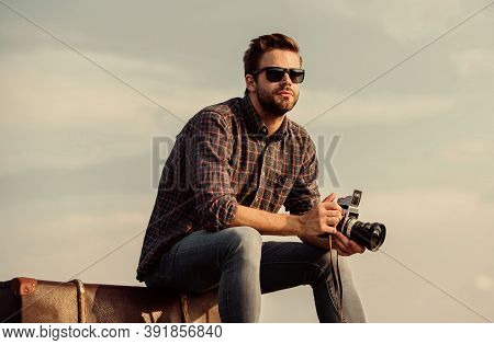 Go Somewhere. Capture Adventure. Journalist. Macho Man With Camera On Baggage. Sexy Man Touristic Re