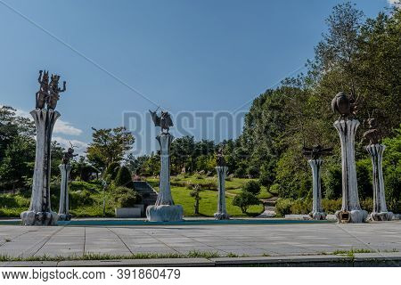 Hampyeong-gun, South Korea; September 27, 2020: Statues Of Insects And Bats At Entrance To Golden Ba