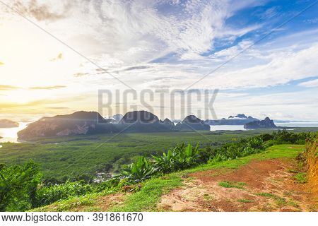 Samet Nangshe Viewpoint At Sunrise In Phang Nga, Thailand.