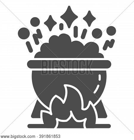 Cauldron With Magic Potion On Fire Solid Icon, Halloween Concept, Pot Of Boiling Potion Sign On Whit