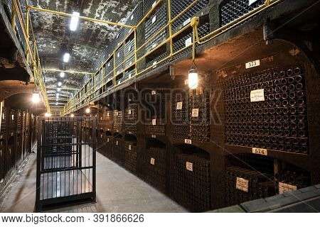 Storage Of Bottled Wine In The Basement Of The Massandra Winery In The Republic Of Crimea, Russia. S
