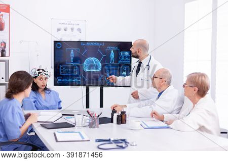 Medical Nurse Doing Eeg Scan During Neuoroscience Experiment And Diagnosis. Monitor Shows Modern Bra