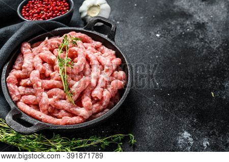 Raw Chicken, Turkey Ground Meat In A Pan. Organic Forcemeat, Mince. Black Background. Top View. Copy