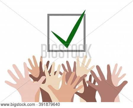 Stretched Up Arms Of Various Nationalities With Selection On The List. Democratic Voting. Peoples Ch