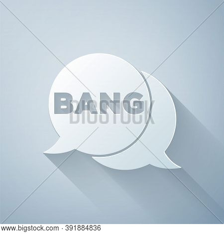 Paper Cut Bang Boom, Gun Comic Text Speech Bubble Balloon Icon Isolated On Grey Background. Paper Ar