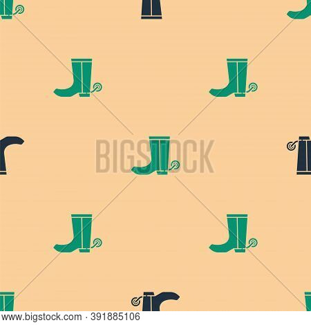 Green And Black Cowboy Boot Icon Isolated Seamless Pattern On Beige Background. Vector