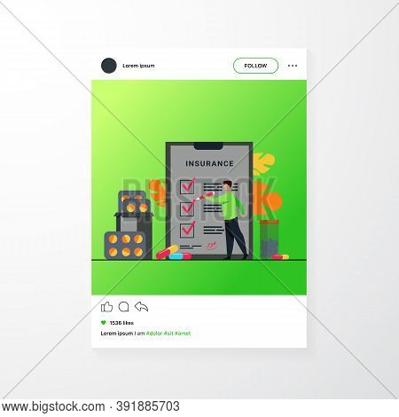 Health Insurance Agreement. Man Studying Insurance List Among Medical Drugs And Hospital Pills. Can 