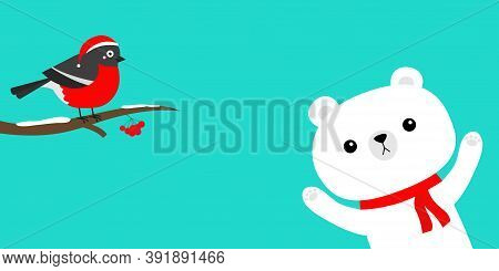 Bulfinch Bird On Snow Tree Brunch. White Polar Bear In Red Scarf. Merry Christmas. Happy New Year. H