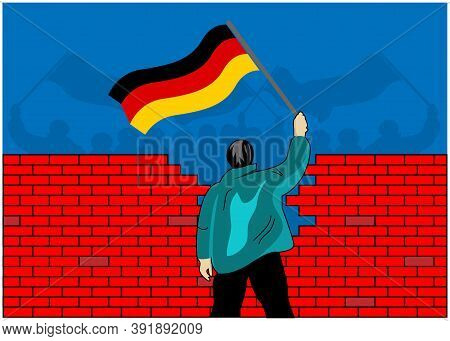 People Holding German Flags Separated By A Wall. Concept For The Union Of West Germany And East Germ