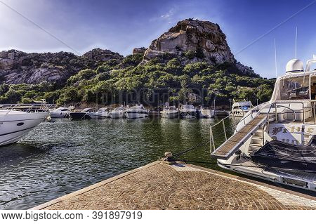 Poltu Quatu, Italy - August 4: View Of The Harbor Of Poltu Quatu, Sardinia, Italy, August 4, 2020. T