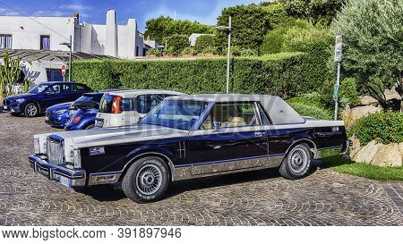 Poltu Quatu, Italy - August 4: Classical American Vintage Car Lincoln Continental Mark V 1977, As Se