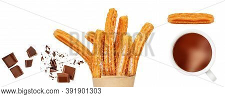 Churro  Isolated On A White Background, Top View. Flat Lay. Creative Layout Made Of Churros   Fried 