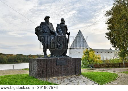 Staraya Ladoga, Russia - October 6, 2020: Monument To The Two Princes Rurik And Prophetic Oleg, Foun