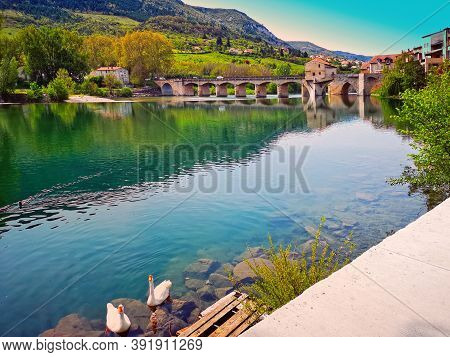 Vieu At The Mill Of Millau, On The Tarn River, In Southern France/ Bridge Pont Vieux And Watermill O