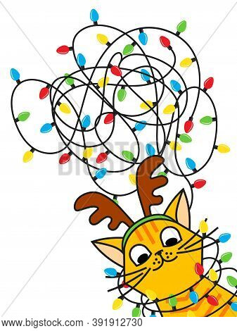 Red Cat Tangled Christmas Lights In Christmas Deer