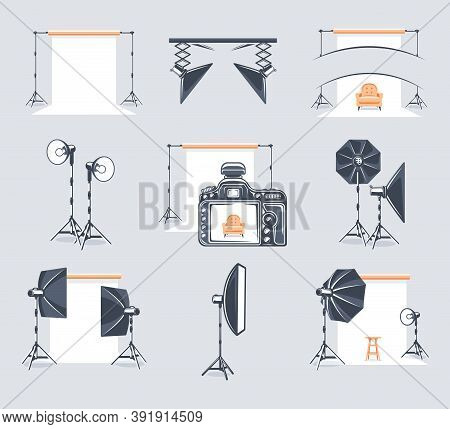 Set Of Elements Of The Photo Studio. Symbols For Photo Studio Design Logos And Emblems. Flat Design 