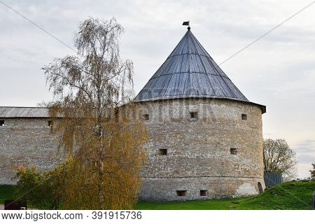 Ancient Historical Old Ladoga Fortress Also Known As The Staroladozhskaya Fortress. The Round Klimen
