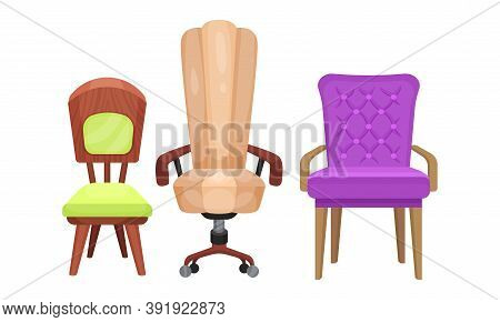 Chairs And Soft Armchair With Armrests As Room Furniture Vector Set