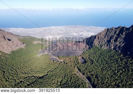 Aerial Volcanic Landscape Formed By The Crater Of A Volcano In Guimar, Tenerife, Canary Islands. Hig
