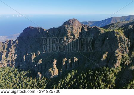 Aerial Volcanic Landscape Formed By The Crater Of A Volcano In Guimar, Tenerife, Canary Islands. Hig