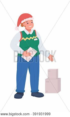 Post Office Worker On Christmas Flat Color Vector Character. Woman Deliver Box. Courier With Parcels
