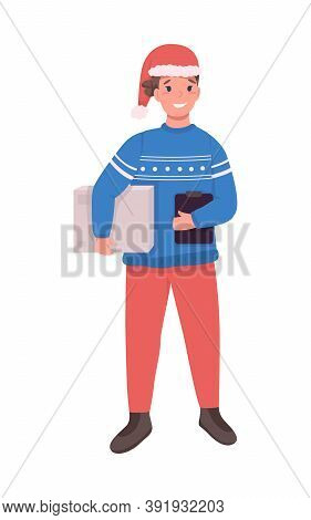 Post Office Courier On Christmas Flat Color Vector Character. Postman In Santa Hat. Fast New Year Pa