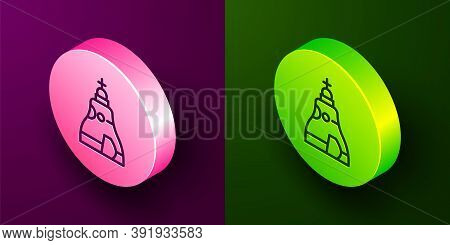 Isometric Line The Tsar Bell In Moscow Monument Icon Isolated On Purple And Green Background. Circle