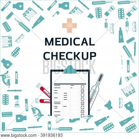 Medical Poster With Medicines, Test Tubes And A Thermometer. Advertising Online Pharmacies Or Remote
