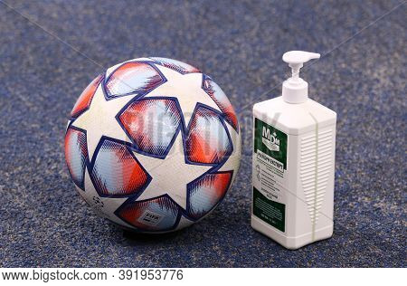 Kyiv, Ukraine - October 27, 2020: Official Uefa Champions League 2020/21 Season Match Ball And Bottl
