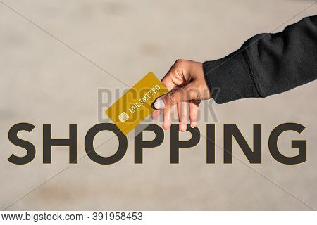Shopaholic With Unlimited Gold Card Ready For Shopping. Addicted To Shopping Or Oniomania. Spend Mon