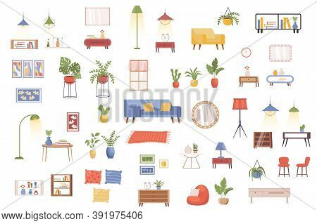 Interior Decor Bundle Of Flat Scenes. House Interior Objects Isolated Set. Flower Pot, Armchair, Bed
