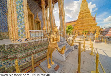 Kinnaree Statue At Golden Pagoda At Temple Of The Emerald Buddha In Bangkok, Thailand. Wat Phra Kaew