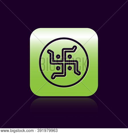 Black Line Hindu Swastika Religious Symbol Icon Isolated On Black Background. Green Square Button. V