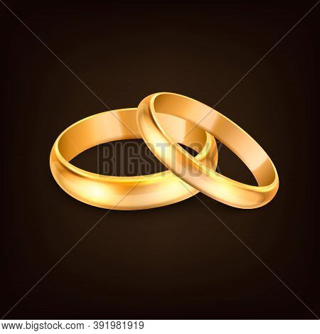 Vector 3d Realistic Gold Metal Wedding Rings For Couple Closeup Isolated On Black Background. Design