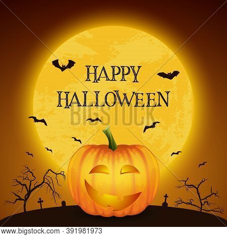 Happy Halloween Banner With Pumkin. Vectorcartoon Halloween Pumkin Lantern With Funny Face On Dark N