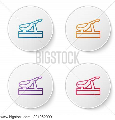 Color Line Spanish Jamon On The Wooden Jamonera Icon Isolated On White Background. Set Icons In Circ