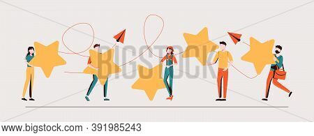 Happy People Are Holding Review Stars Over Their Heads. Five Stars Rating. Customer Review Rating An