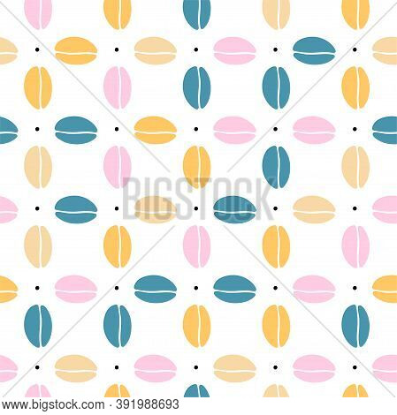 Illustration Seamless Pattern Color Ordered Coffee Beans On White Background. Siple Cute Stile.