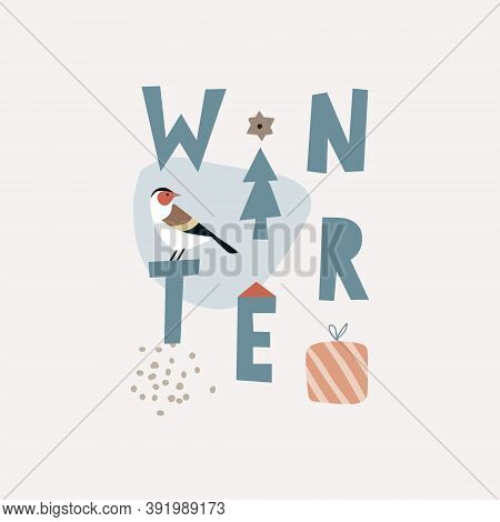 Trendy Christmas Greeting Card, Invitation. Winter Text With Goldfinch Bird, Christmas Tree And Gift