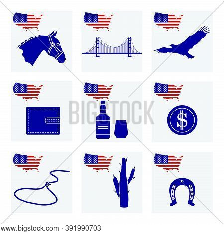 Vector Illustration Usa Set American National Symbols Eagle, Cactus, Whiskey, Bridge, Purse, Dollar 