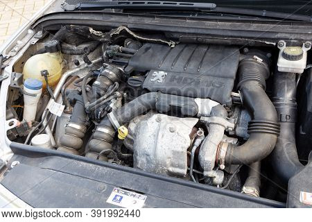 Primelin - France, February 21, 2018 : Engine Of A Peugeot 307 Car With Open Bonnet