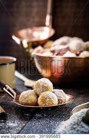 Fritule, Fried Croatian Typical Dumpling, Served Hot. Slotted Spoon With Freshly Made Homemade Bread