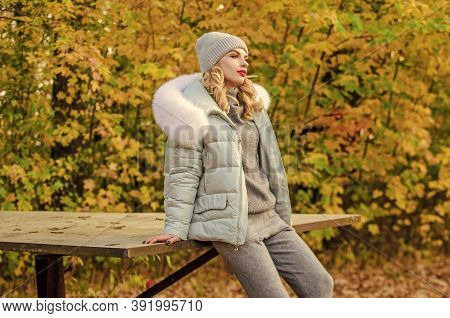 Model Knitwear Clothes Leaves Background. Warm Knitwear. Feel Practicality And Comfort. Woman Enjoy 