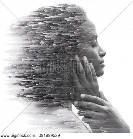 Artwork created by combining a portrait with digital graphics