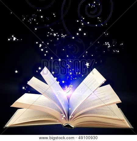 Otevřená kniha s modré magické světlo a padající hvězdy na tmavém pozadí