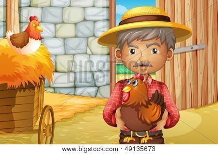 Illustration af en gammel mand holder en hane inde i barnhouse