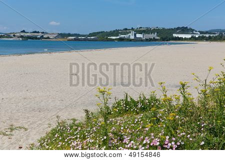 Par sandy beach Cornwall England near St Austell and Polkerris with blue sea